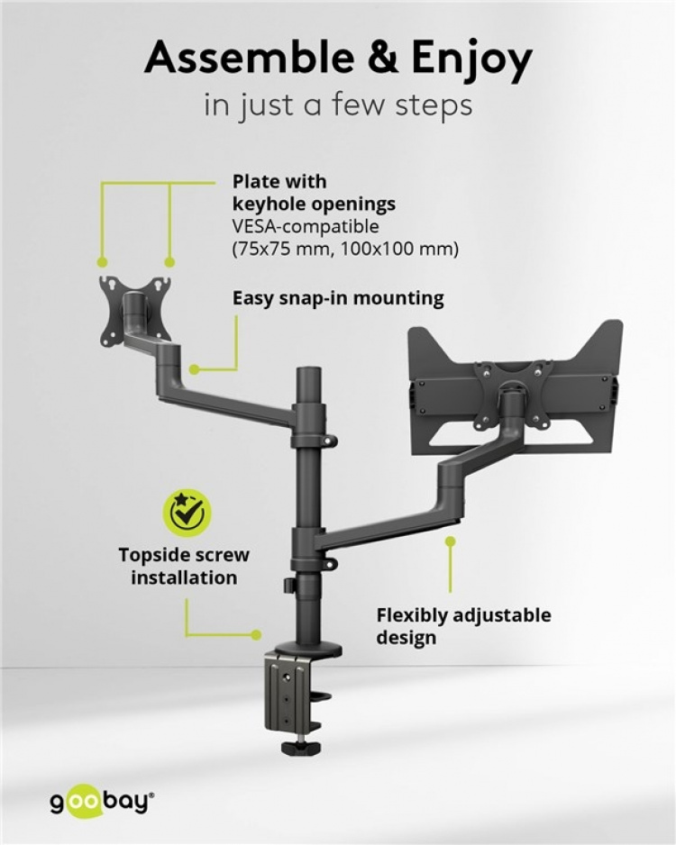 Goobay Deluxe skärmfäste med arm för laptop, svart workstation för bildskärmar från 17 till 32 tum (43 - 81 cm) plus en bärbar dator, bildskärm max. 8 kg/bärbar dator 5 kg