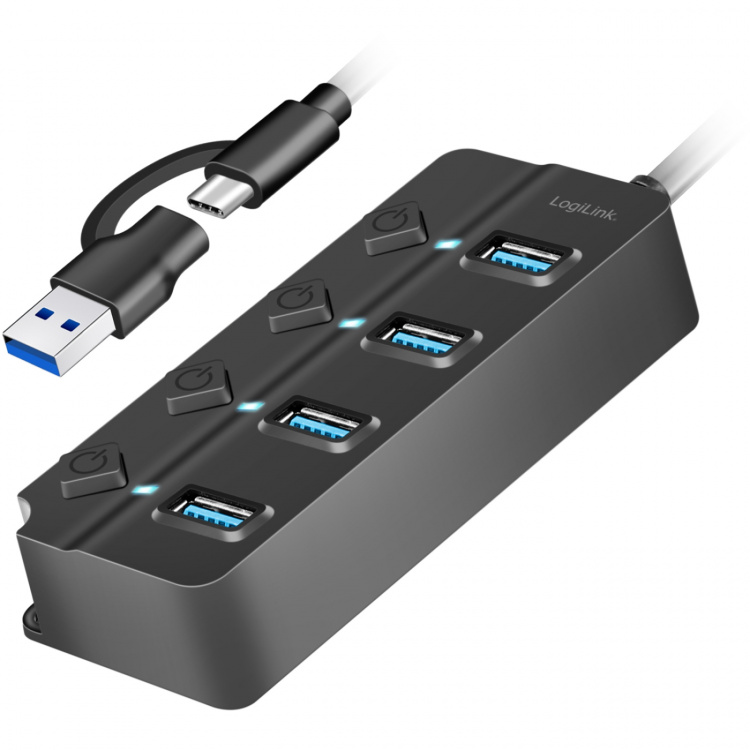 LogiLink USB-hub 4-port med separata På/Av-knappar USB-C/USB-A in USB 3.2 Gen1