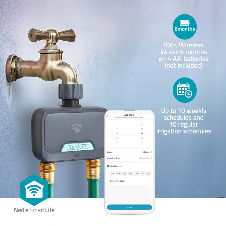 Nedis SmartLife Water Control | Bluetooth® | Batterij Gevoed | IP54 | Maximale waterdruk: 8 Bar | Android™ / IOS Nedis SmartLife Water Control | Bluetooth® | Batterij Gevoed | IP54 | Maximale waterdruk: 8 Bar | Android™ / IOS