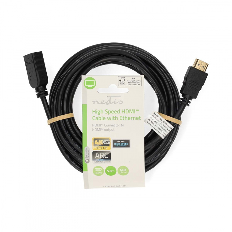 Nedis High Speed ​​HDMI™-Kabel met Ethernet | HDMI™ Connector | HDMI™ Output | 4K@60Hz | ARC | 10.2 Gbps | 5.00 m | Rond | PVC | Zwart | Label