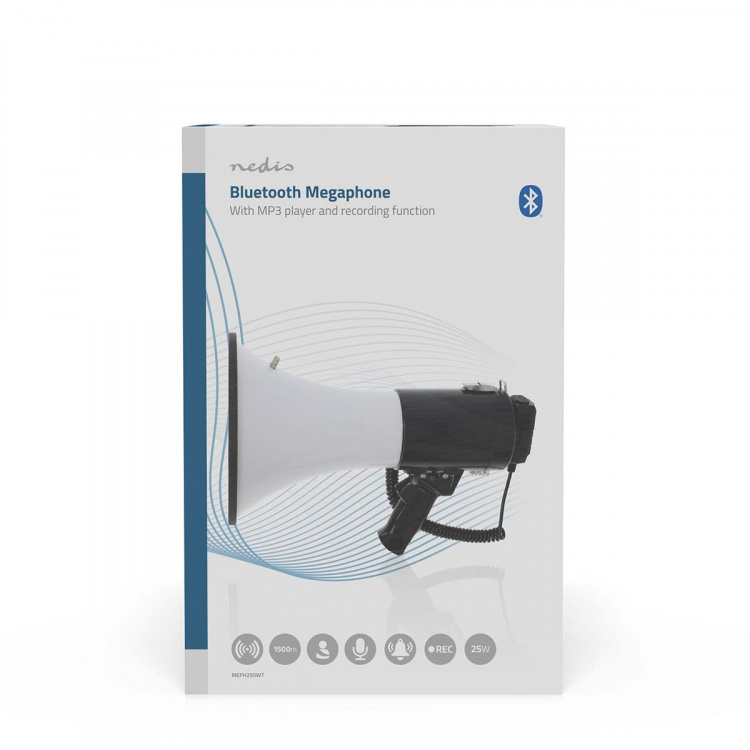 Nedis Megafoon | Maximaal bereik: 1500 m | Maximale volume: 120 dB | Afneembare Microfoon | Ingebouwde sirene | Bluetooth® | Opnamefunctie | USB-weergave | Schouder riem | Wit / Zwart