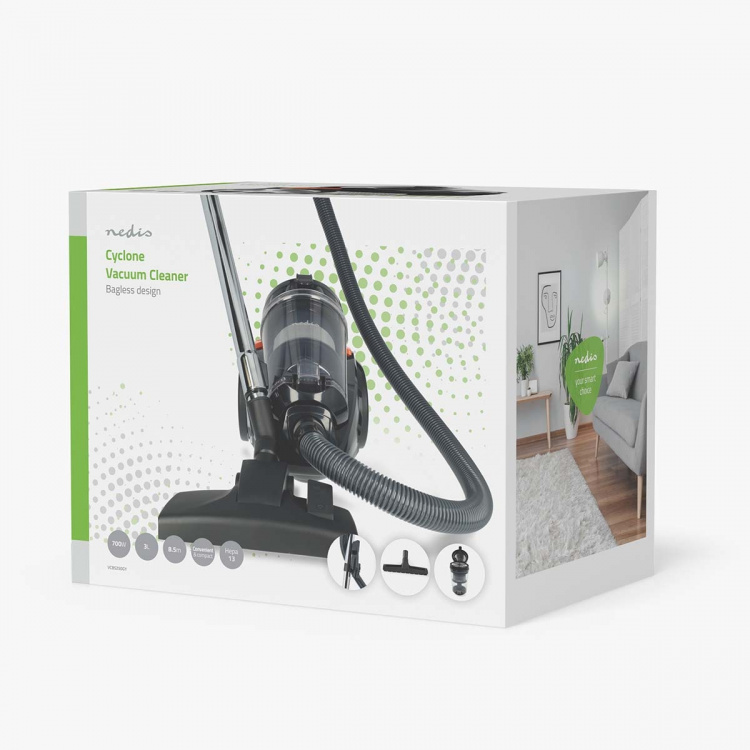 Nedis Zakloze Stofzuiger | Zakloos | 700 W | Stof capaciteit: 3.0 l | Combi-Borstel | Actieradius: 8.50 m | HEPA-luchtfilter | Antraciet / Oranje / Zwart