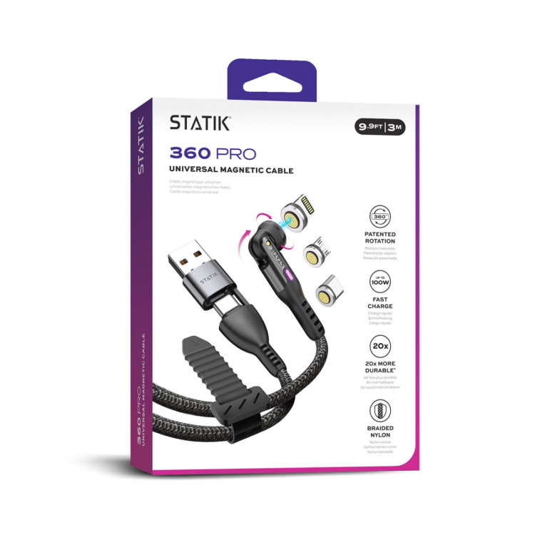 STATIK Kabel 360 Pro Magnetisk Spets USB-C/Blixt/MicroUSB Svart 1m