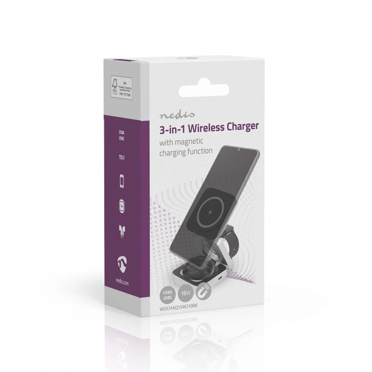 Nedis Draadloze Oplader | 3-in-1 | 2.5 / 5 / 15 W | LED-indicatie in gebruik | Inclusief kabel | USB-A / USB-C™ | 1.50 m