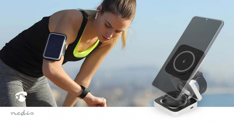 Nedis Draadloze Oplader | 3-in-1 | 2.5 / 5 / 15 W | LED-indicatie in gebruik | Inclusief kabel | USB-A / USB-C™ | 1.50 m
