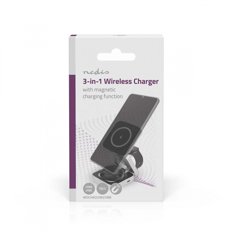 Nedis Draadloze Oplader | 3-in-1 | 2.5 / 5 / 15 W | LED-indicatie in gebruik | Inclusief kabel | USB-A / USB-C™ | 1.50 m