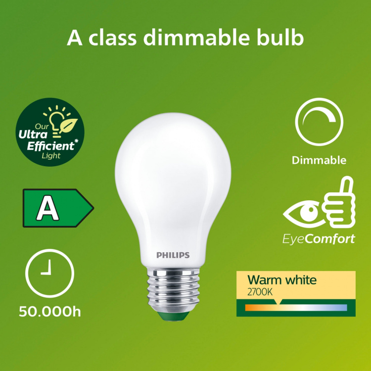 Philips LED E27 Normal A60 4W (60W) Frostad 840lm Dimbar 2700K Energiklass A Philips LED E27 Normal A60 4W (60W) Frostad 840lm Dimbar 2700K Energiklass A