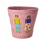 RICE Ronde mand van raffia met mensen en 3D details - Roze