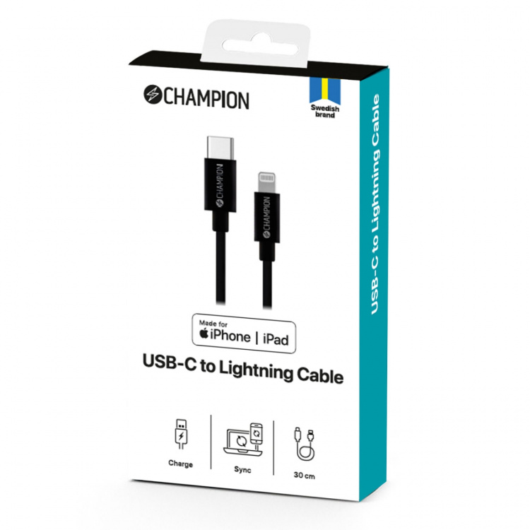 Champion USB-C till Lightning Kabel 30cm Svart Champion USB-C till Lightning Kabel 30cm Svart