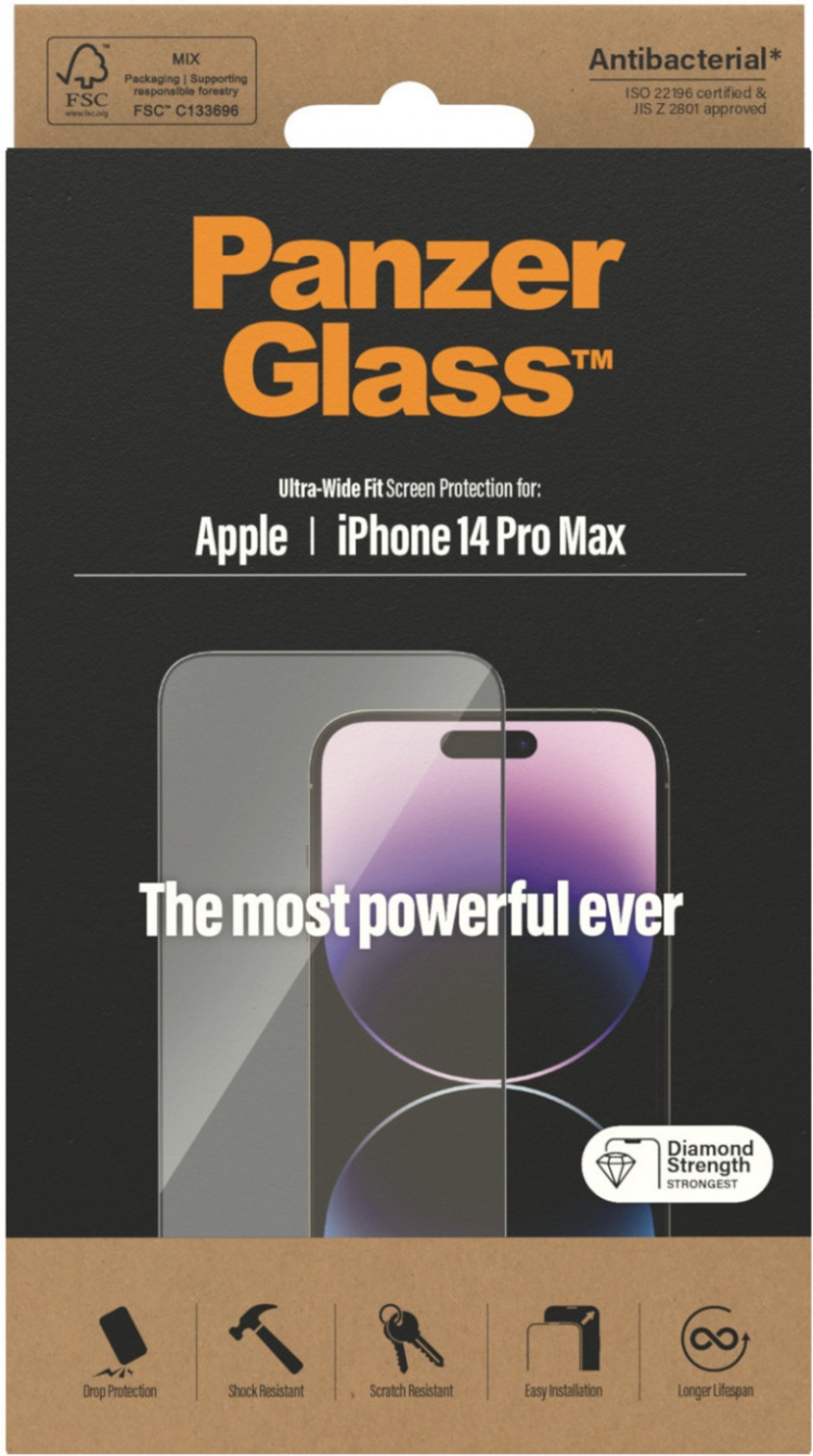 PanzerGlass gepantserd glas, iPhone 14 Pro Max, zwarte rand PanzerGlass gepantserd glas, iPhone 14 Pro Max, zwarte rand