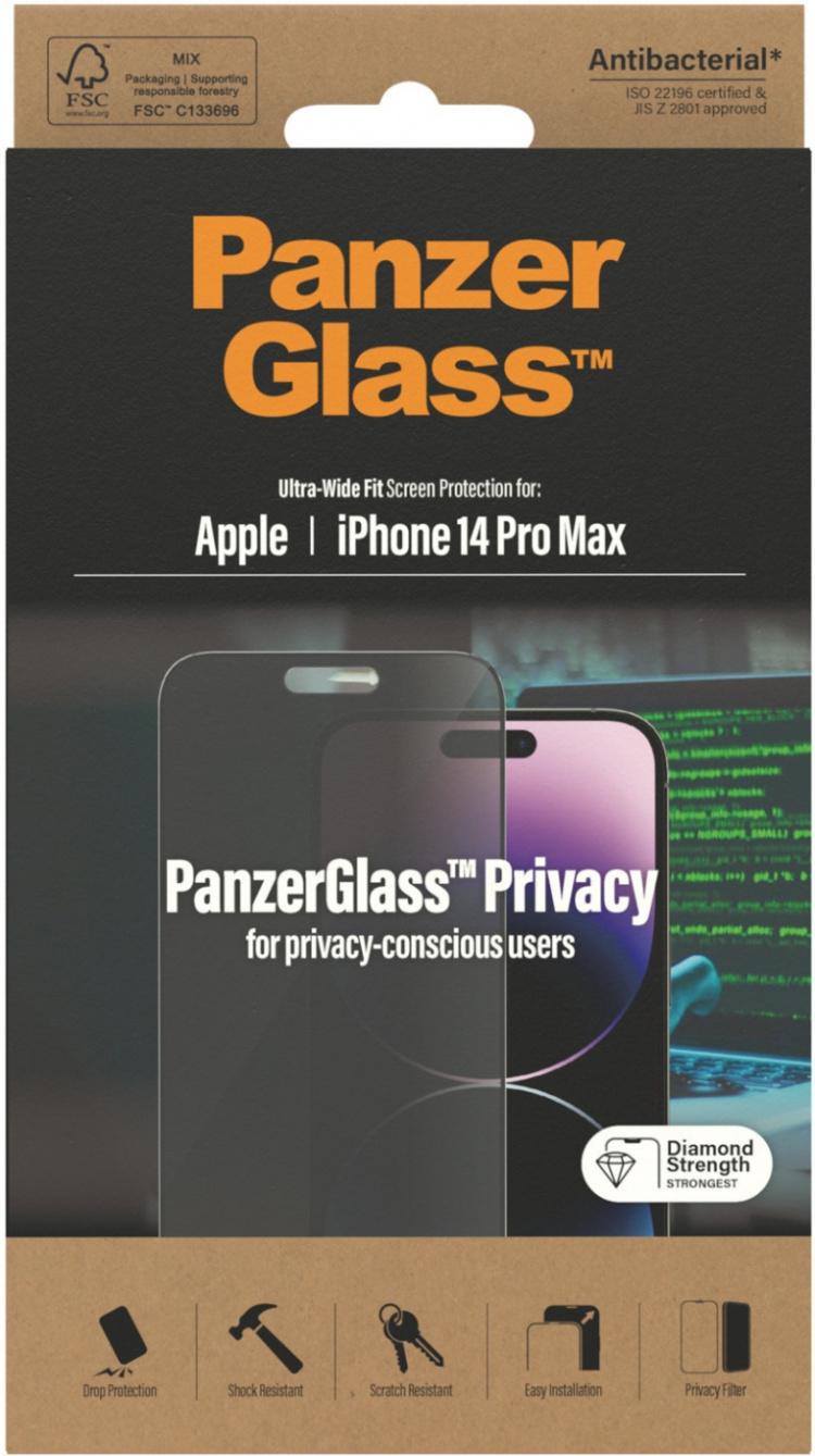PanzerGlass Ultra Wide Fit Privacy-schermbeschermer, iPhone 14 Pro Max, zwarte rand