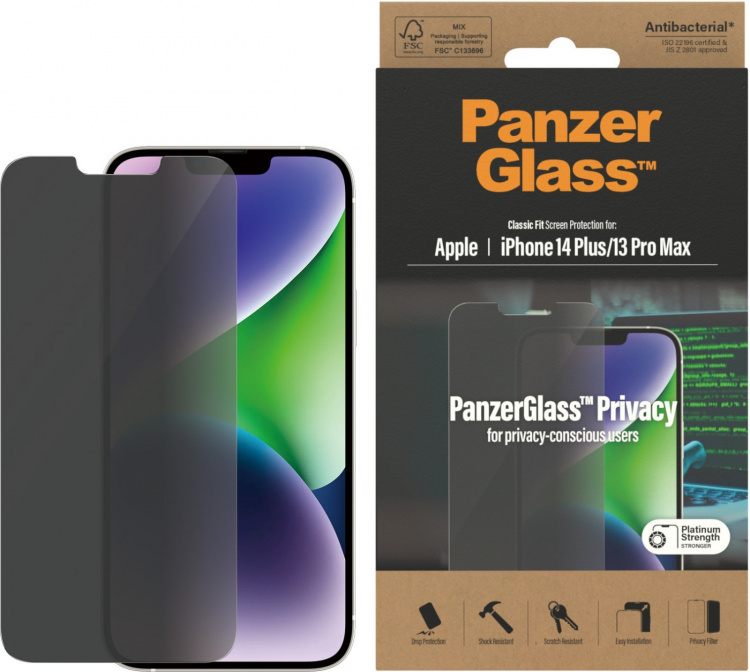 PanzerGlass Privacy gepantserd glas, iPhone 14 Plus / 13 Pro Max