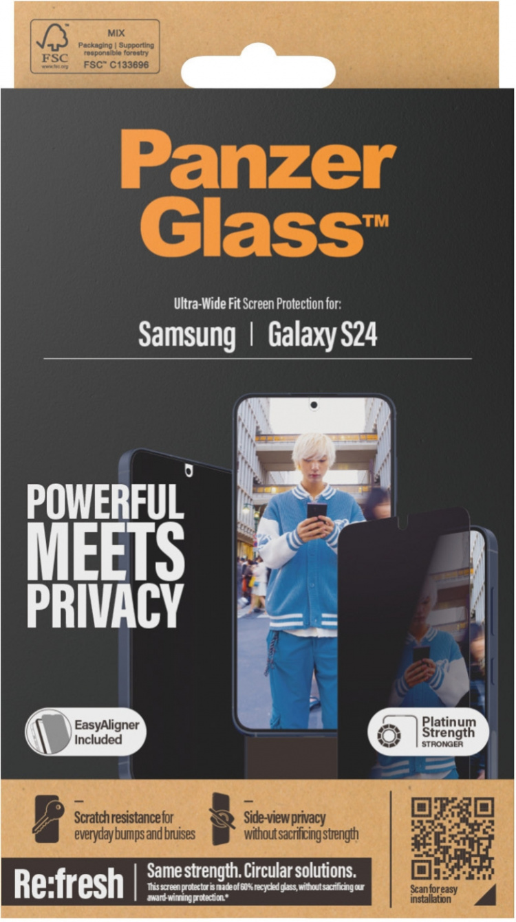 PanzerGlass Privacy Ultra Wide Fit gepantserd glas, Samsung Galaxy S24 PanzerGlass Privacy Ultra Wide Fit gepantserd glas, Samsung Galaxy S24