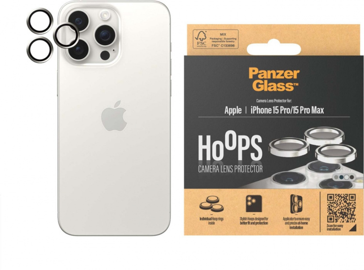 PanzerGlass Hoops cameralens cover, iPhone 15 Pro / 15 Pro Max, wit metaal PanzerGlass Hoops cameralens cover, iPhone 15 Pro / 15 Pro Max, wit metaal