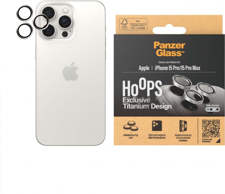 PanzerGlass Hoops cameralens cover, iPhone 15 Pro / 15 Pro Max, wit titanium PanzerGlass Hoops cameralens cover, iPhone 15 Pro / 15 Pro Max, wit titanium