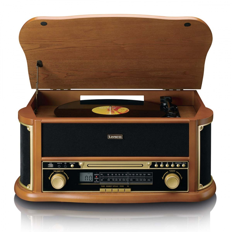 Lenco Houten retro platenspeler met Bluetooth® AM/FM-radio USB-codering CD-speler cassettespeler en ingebouwde luidsprekers Lenco Houten retro platenspeler met Bluetooth® AM/FM-radio USB-codering CD-speler cassettespeler en ingebouwde luidsprekers