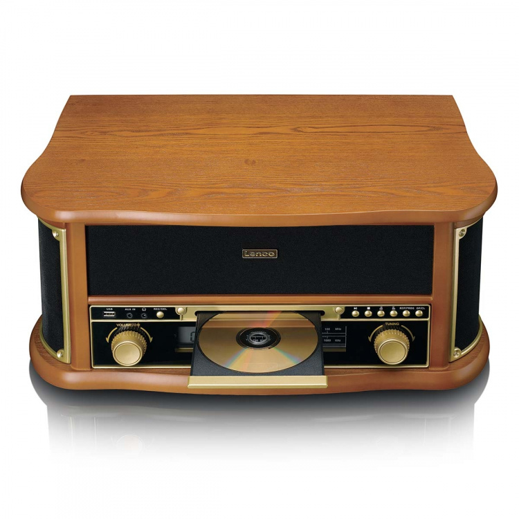 Lenco Houten retro platenspeler met Bluetooth® AM/FM-radio USB-codering CD-speler cassettespeler en ingebouwde luidsprekers Lenco Houten retro platenspeler met Bluetooth® AM/FM-radio USB-codering CD-speler cassettespeler en ingebouwde luidsprekers