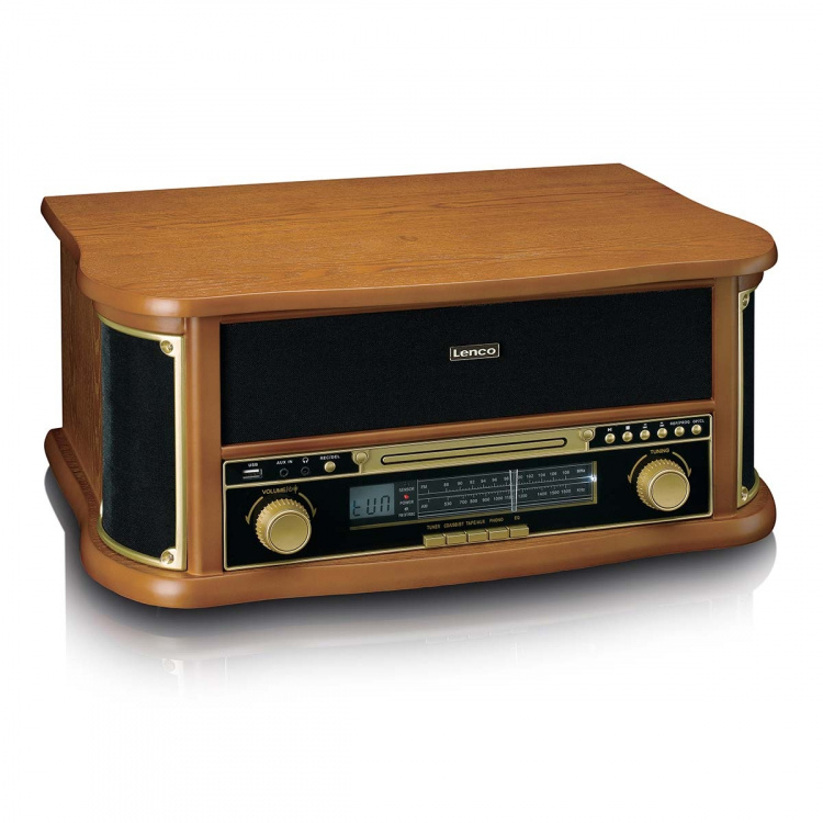 Lenco Houten retro platenspeler met Bluetooth® AM/FM-radio USB-codering CD-speler cassettespeler en ingebouwde luidsprekers Lenco Houten retro platenspeler met Bluetooth® AM/FM-radio USB-codering CD-speler cassettespeler en ingebouwde luidsprekers