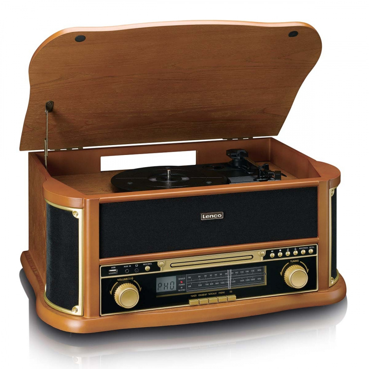 Lenco Houten retro platenspeler met Bluetooth® AM/FM-radio USB-codering CD-speler cassettespeler en ingebouwde luidsprekers Lenco Houten retro platenspeler met Bluetooth® AM/FM-radio USB-codering CD-speler cassettespeler en ingebouwde luidsprekers