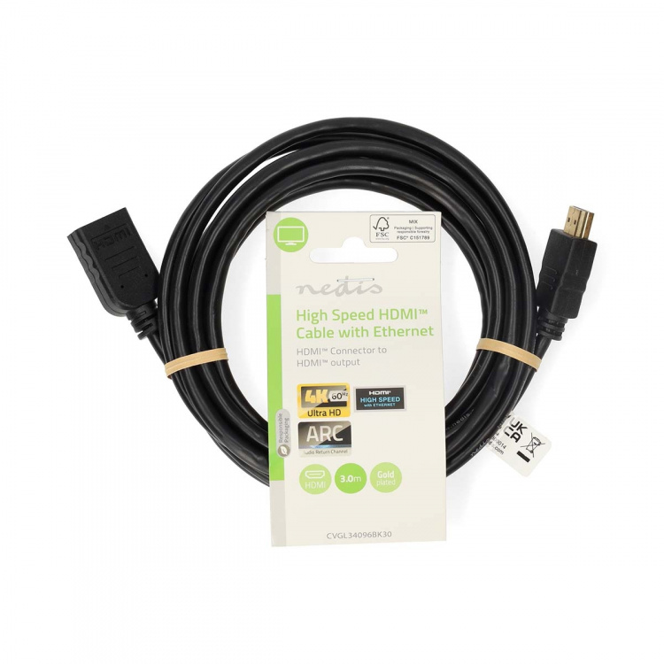 Nedis High Speed HDMI™-Kabel met Ethernet | HDMI™ Connector | HDMI™ Output | 4K@60Hz | ARC | 10.2 Gbps | 3.00 m | Rond | PVC | Zwart | Label Nedis High Speed HDMI™-Kabel met Ethernet | HDMI™ Connector | HDMI™ Output | 4K@60Hz | ARC | 10.2 Gbps | 3.00 m | Rond | PVC | Zwart | Label