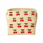 RICE Raffia vierkante mand met klein kersenborduurwerk - Rood - 30 cm x 30 cm x 25 cm