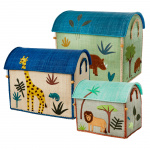 RICE Grote set van 3 speelgoedmanden - Blauw Jungle thema