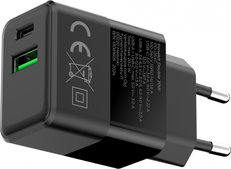 FoneKit Dubbele 20W lader, USB-C + USB-A, zwart FoneKit Dubbele 20W lader, USB-C + USB-A, zwart