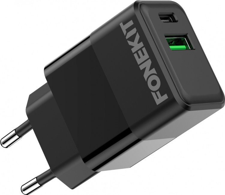 FoneKit Dubbele 20W lader, USB-C + USB-A, zwart FoneKit Dubbele 20W lader, USB-C + USB-A, zwart