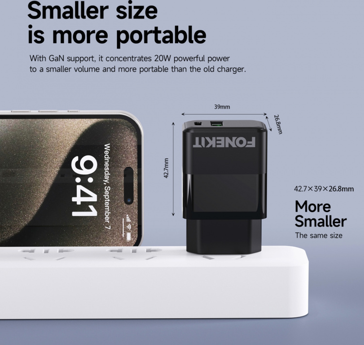 FoneKit Dubbele 20W lader, USB-C + USB-A, zwart FoneKit Dubbele 20W lader, USB-C + USB-A, zwart