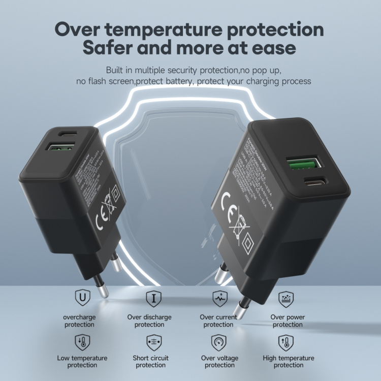 FoneKit Dubbele 20W lader, USB-C + USB-A, zwart FoneKit Dubbele 20W lader, USB-C + USB-A, zwart