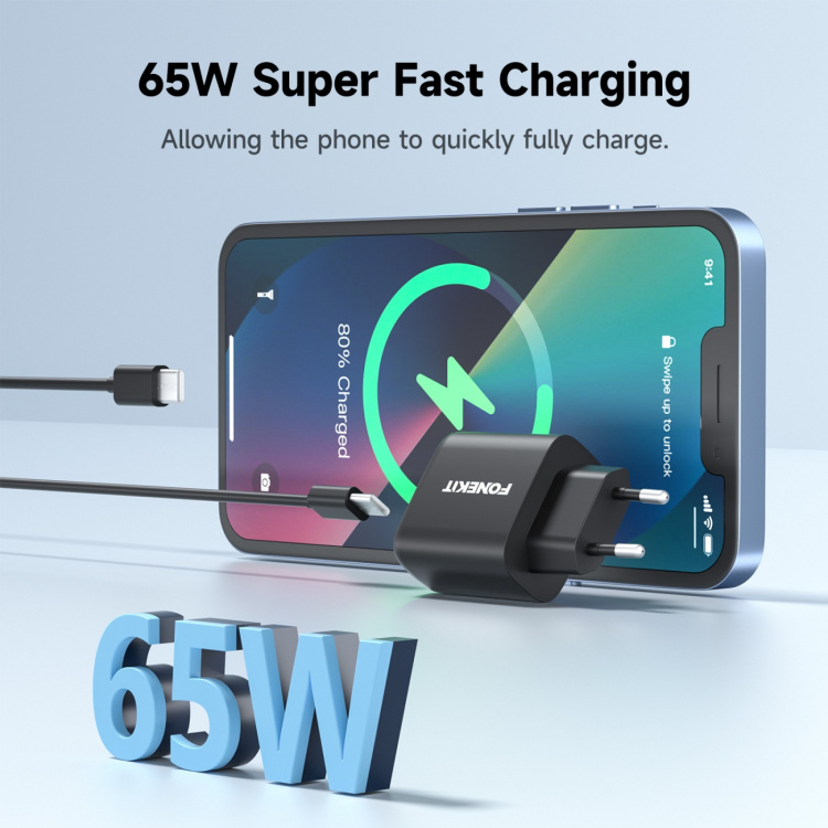 FoneKit GaN PD 65W AC-lader, USB-C, zwart FoneKit GaN PD 65W AC-lader, USB-C, zwart