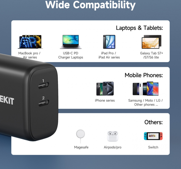 FoneKit GaN PD 65W AC-lader, USB-C + USB-C, zwart