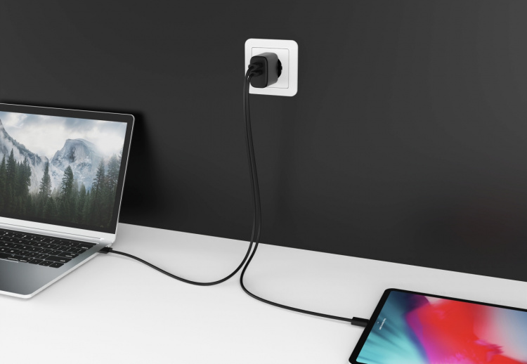 FoneKit GaN PD 65W AC-lader, USB-C + USB-C, zwart