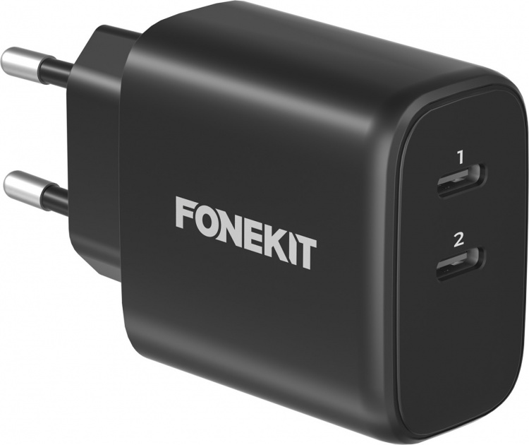 FoneKit GaN PD 65W AC-lader, USB-C + USB-C, zwart
