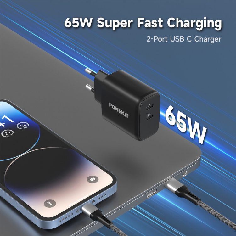 FoneKit GaN PD 65W AC-lader, USB-C + USB-C, zwart
