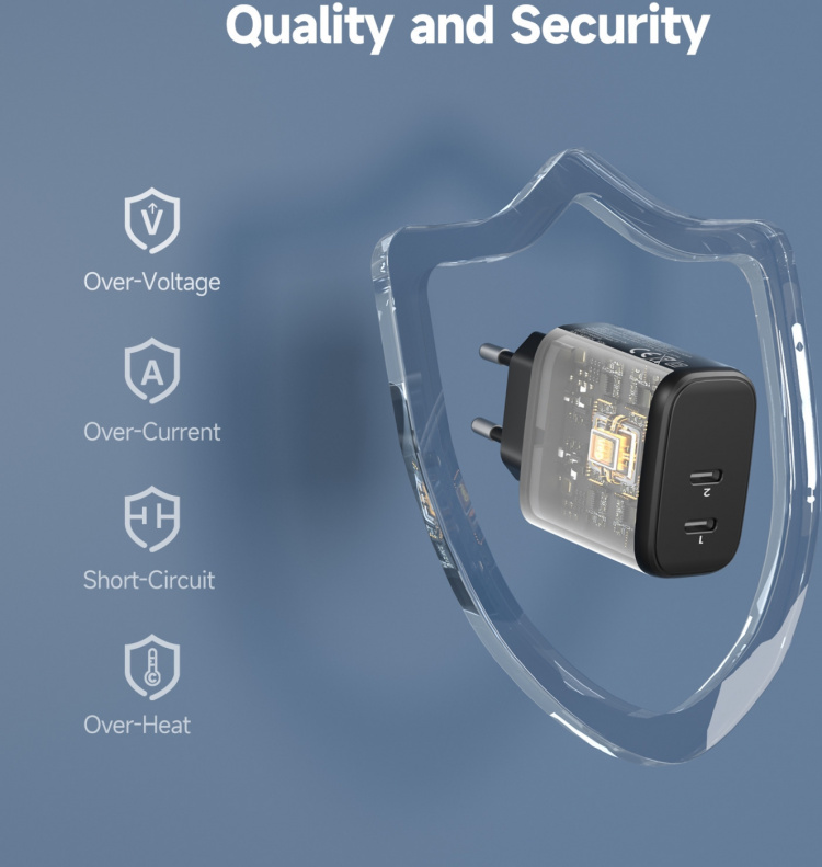 FoneKit GaN PD 65W AC-lader, USB-C + USB-C, zwart