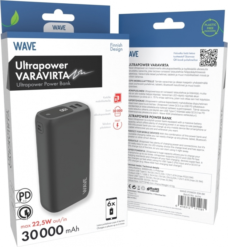 Wave Ultrapower back-up voeding, 30.000 mAh, zwart Wave Ultrapower back-up voeding, 30.000 mAh, zwart