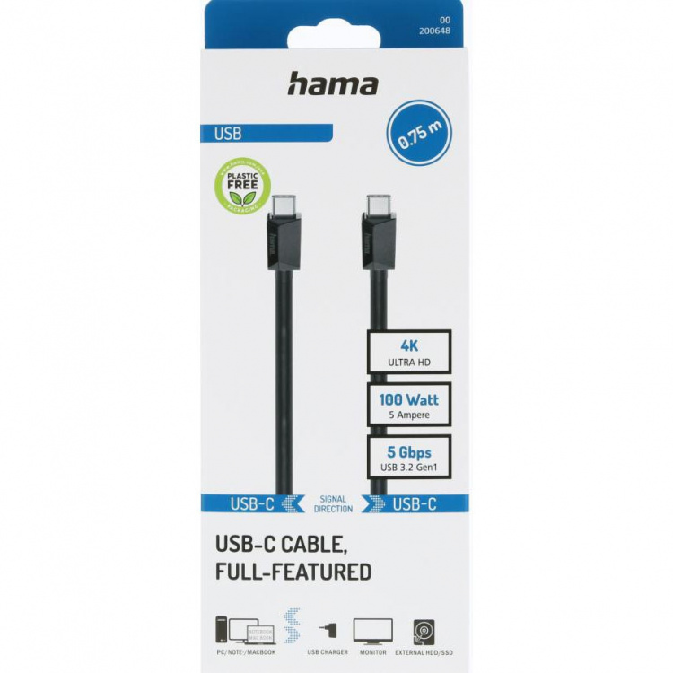Hama Kabel USB C-C USB 3.2 Svart 0.75m