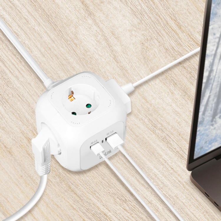 LogiLink Power Cube Multi-grenuttag + USB-A/USB-C PD 20W