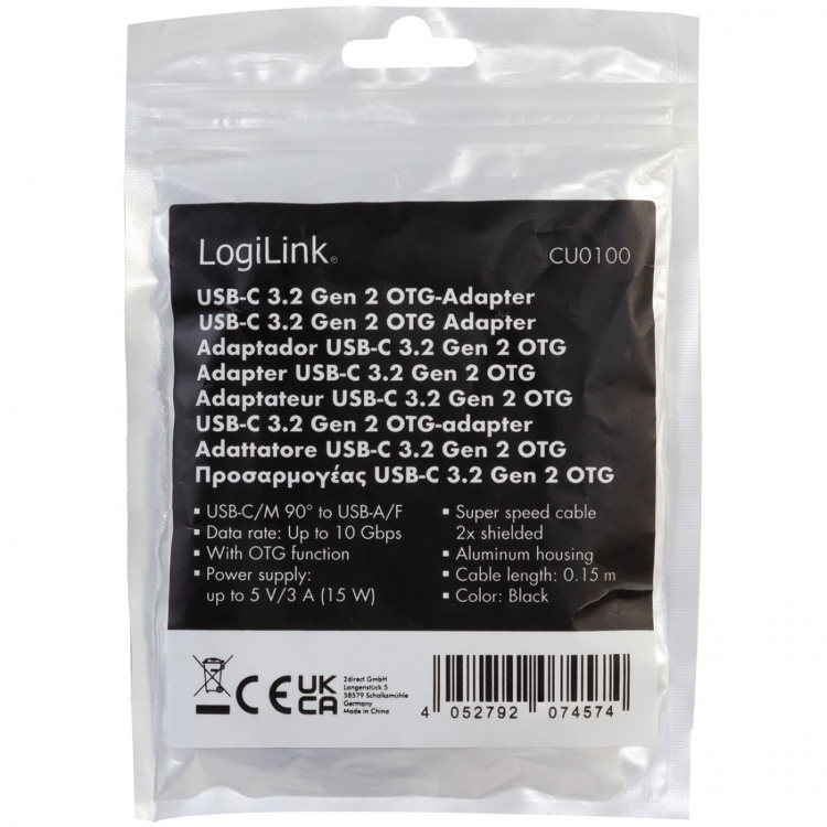 LogiLink Vinklad USB-C-kabel USB 3.2 15W 0,2m