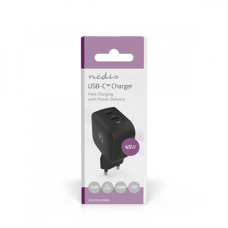 Nedis Oplader | 45 W | GaN | PD3.0 | Snellaad functie | 2.25 / 3.0 A | Outputs: 2 | 2x USB-C™ | Automatische Voltage Selectie | Zwart Nedis Oplader | 45 W | GaN | PD3.0 | Snellaad functie | 2.25 / 3.0 A | Outputs: 2 | 2x USB-C™ | Automatische Voltage Selectie | Zwart