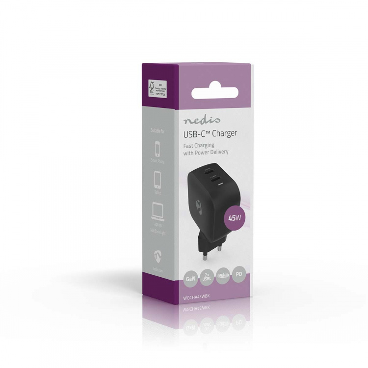 Nedis Oplader | 45 W | GaN | PD3.0 | Snellaad functie | 2.25 / 3.0 A | Outputs: 2 | 2x USB-C™ | Automatische Voltage Selectie | Zwart Nedis Oplader | 45 W | GaN | PD3.0 | Snellaad functie | 2.25 / 3.0 A | Outputs: 2 | 2x USB-C™ | Automatische Voltage Selectie | Zwart