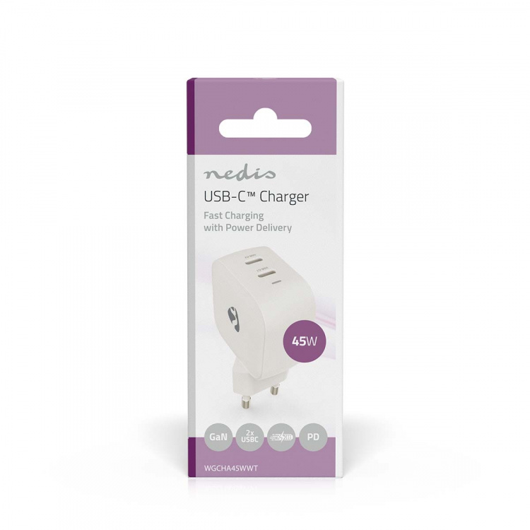 Nedis Oplader | 45 W | GaN | PD3.0 | Snellaad functie | 2.25 / 3.0 A | Outputs: 2 | 2x USB-C™ | Automatische Voltage Selectie | Wit Nedis Oplader | 45 W | GaN | PD3.0 | Snellaad functie | 2.25 / 3.0 A | Outputs: 2 | 2x USB-C™ | Automatische Voltage Selectie | Wit
