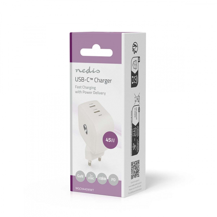 Nedis Oplader | 45 W | GaN | PD3.0 | Snellaad functie | 2.25 / 3.0 A | Outputs: 2 | 2x USB-C™ | Automatische Voltage Selectie | Wit Nedis Oplader | 45 W | GaN | PD3.0 | Snellaad functie | 2.25 / 3.0 A | Outputs: 2 | 2x USB-C™ | Automatische Voltage Selectie | Wit