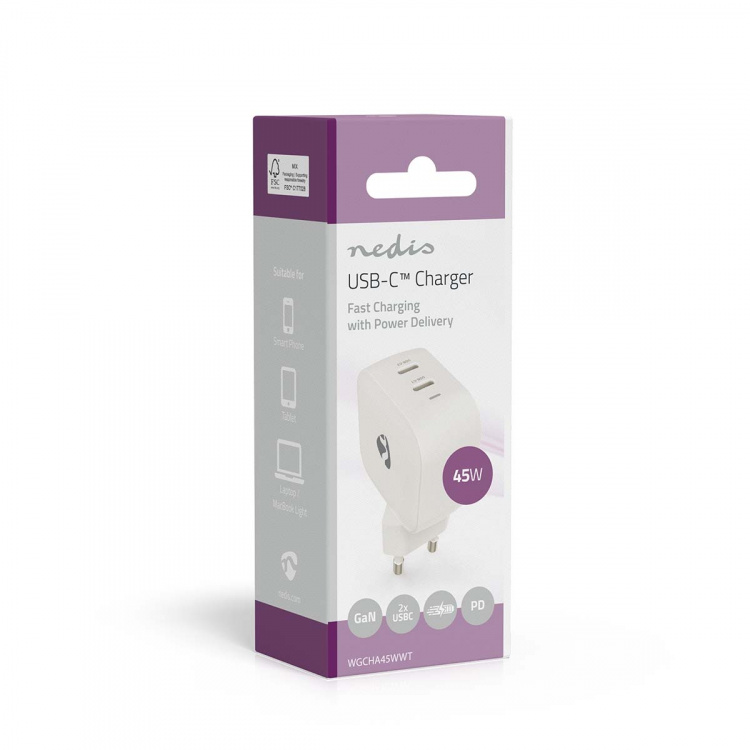 Nedis Oplader | 45 W | GaN | PD3.0 | Snellaad functie | 2.25 / 3.0 A | Outputs: 2 | 2x USB-C™ | Automatische Voltage Selectie | Wit Nedis Oplader | 45 W | GaN | PD3.0 | Snellaad functie | 2.25 / 3.0 A | Outputs: 2 | 2x USB-C™ | Automatische Voltage Selectie | Wit