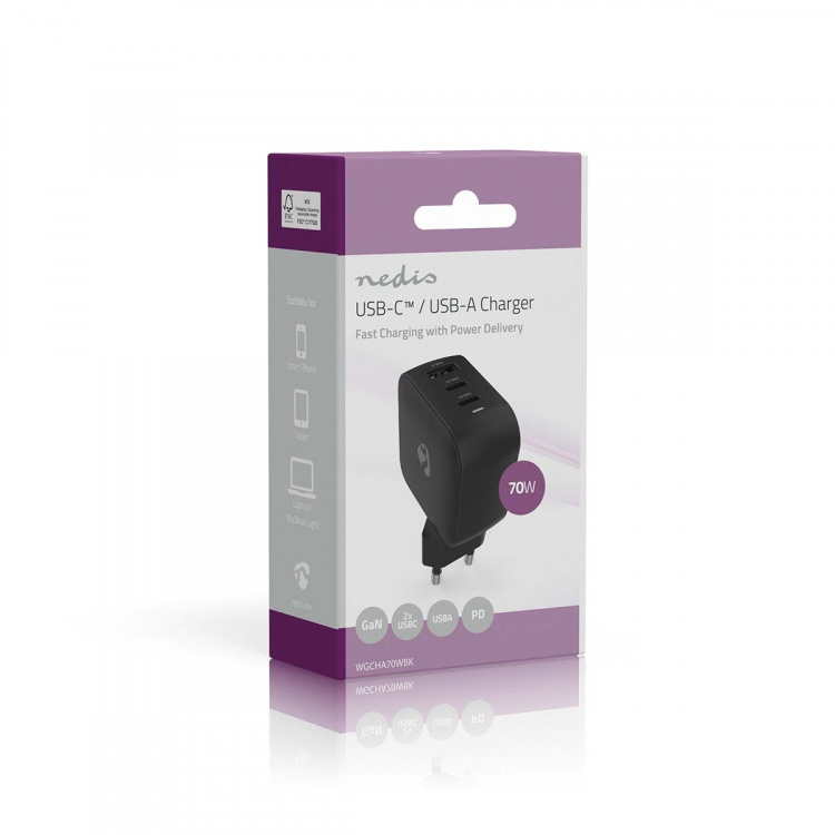 Nedis Oplader | 70 W | GaN | PD3.0 | Snellaad functie | 1.5 / 2.25 / 2.5 / 3.0 / 3.5 A | Outputs: 3 | USB-A / 2x USB-C™ | Automatische Voltage Selectie | Zwart