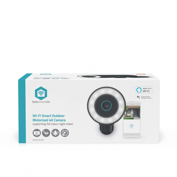 Nedis SmartLife Camera voor Buiten | Spotlight | 4K / 3840x2160 | IP65 | Cloud Opslag (optioneel) / microSD (niet inbegrepen) / Onvif | 5 V DC | Met bewegingssensor | Nachtzicht | Zwart