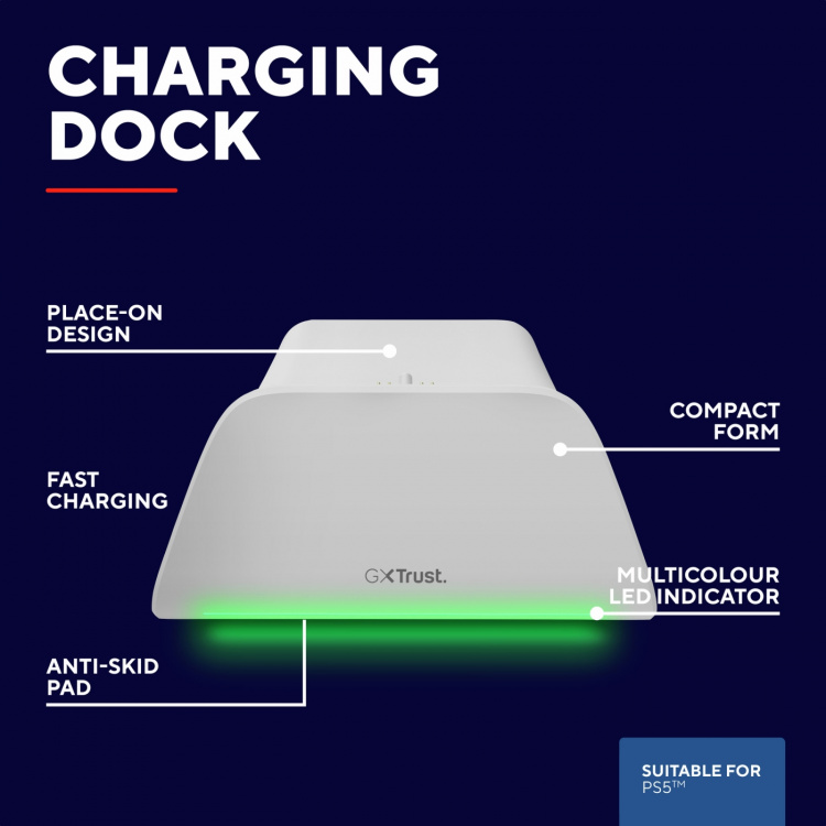 Trust GXT 255W Snabbladdningsställ för PS5-handkontroll Vit