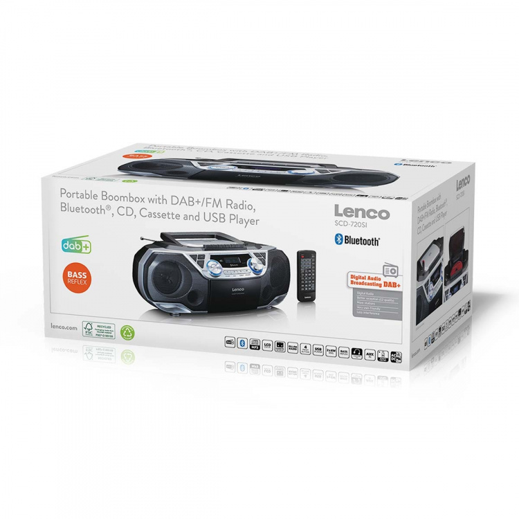 Lenco Draagbare Boombox met DAB+/FM-radio, Bluetooth®, CD, cassetterecorder en USB-speler Zilver