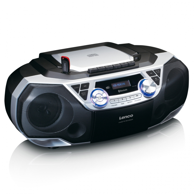 Lenco Draagbare Boombox met DAB+/FM-radio, Bluetooth®, CD, cassetterecorder en USB-speler Zilver